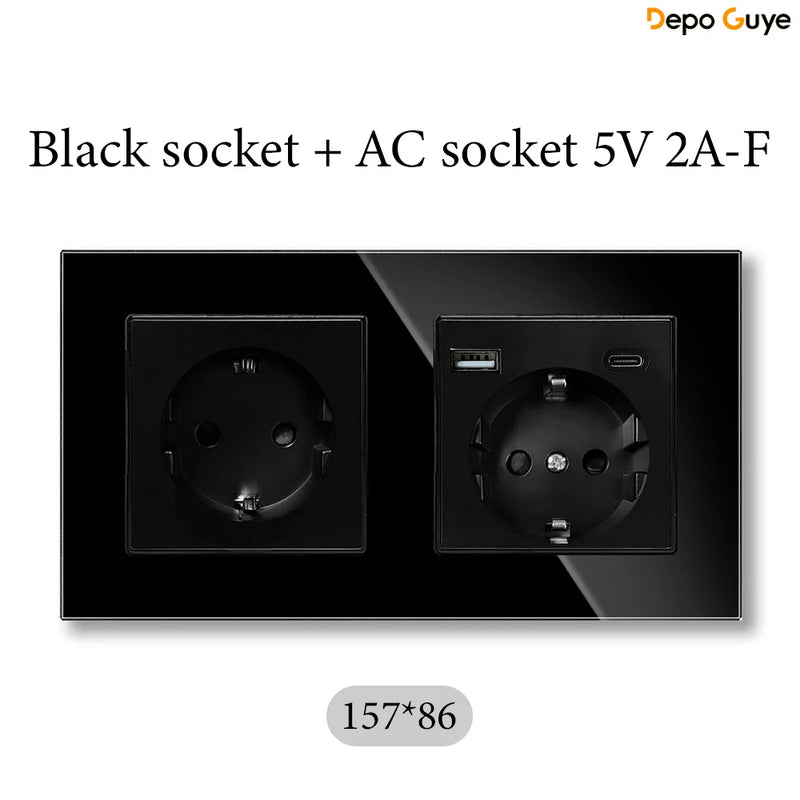 European Standard 4 Gang Wall Power Socket 16A Glass Panel with Three USB Type-C Ports White Black Industrial Home Hotel