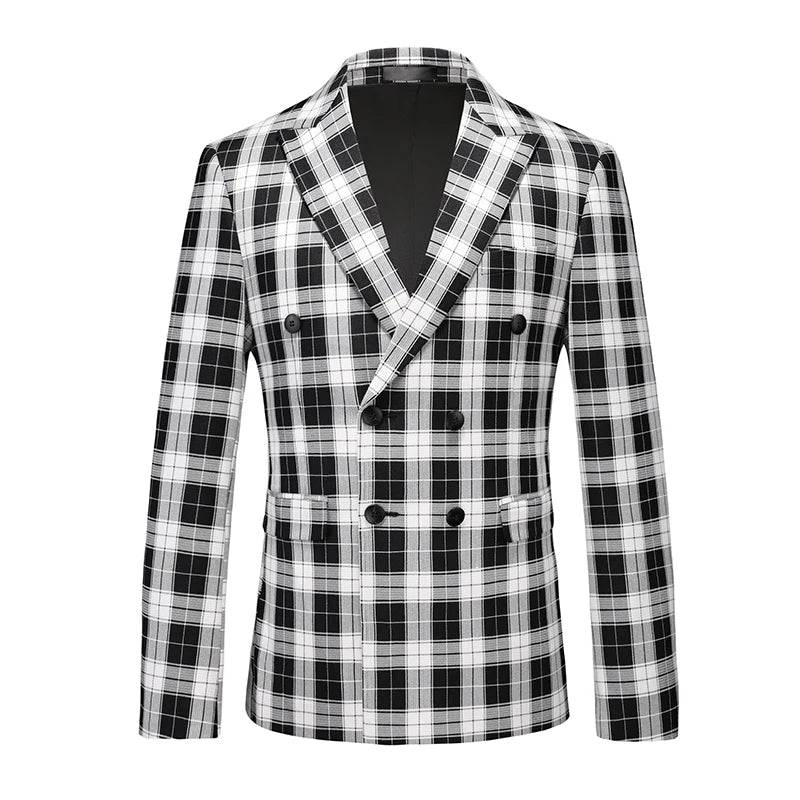 Men's Black White Plaid Long Sleeve Blazers, Fashion Slim Fit Suit Jacket, Wedding Party Tops Coat, Asian Size M6XL