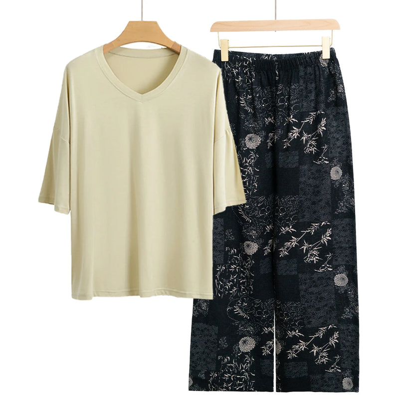 New Print Room Sleepwear Set Short Sleeve Women's Pajamas Casual 2 Pieces Loungewear Clothes Spring Summer Modal Home Suit