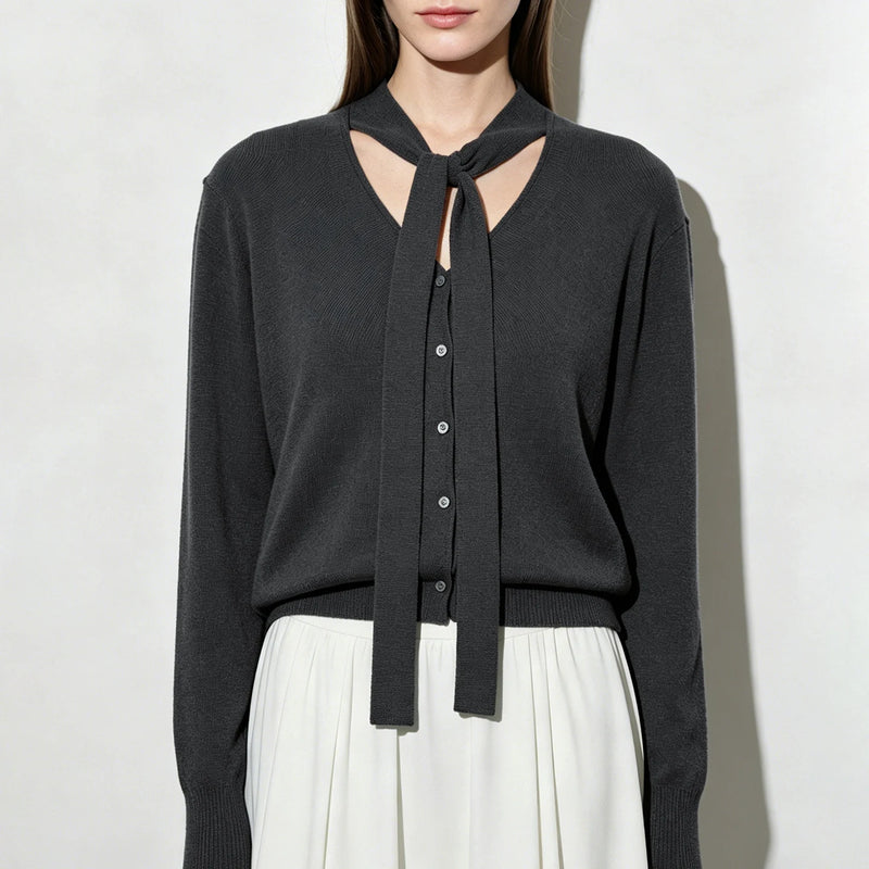 Amii Cardigan Loose Fit V-Neck Tie Detail 2026 Autumn New Office Elegant Single Breasted Long Sleeve Knitted Woman Tops 12643068