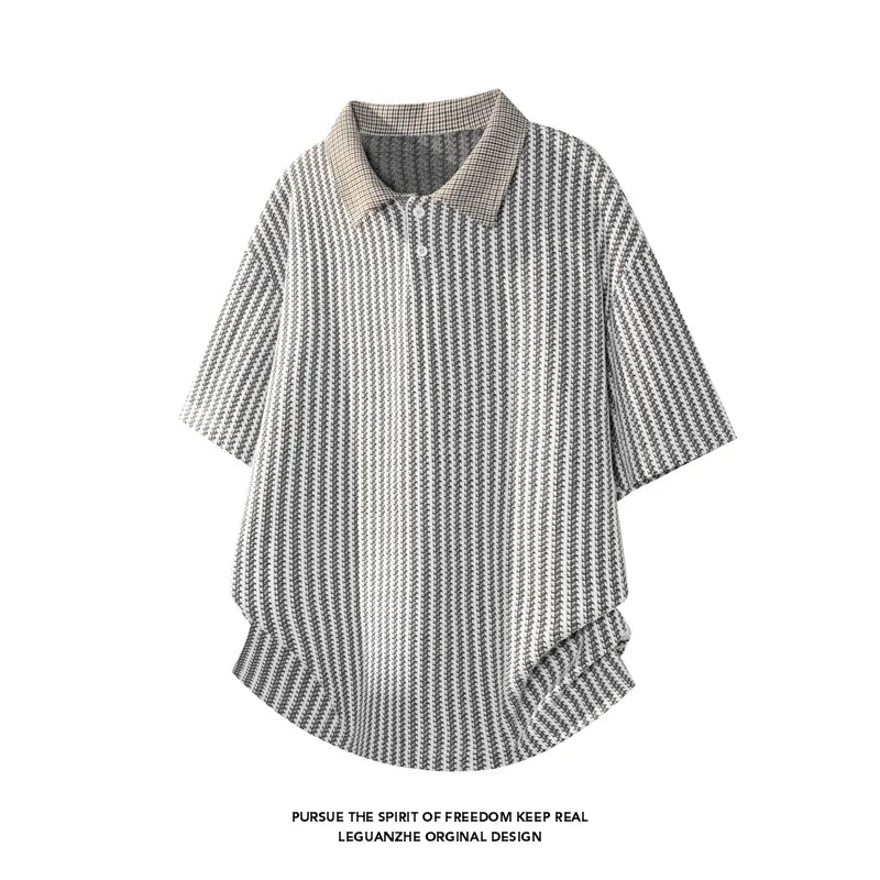 Mens Textured Knit Short Sleeve Polo Top Contrast Collar Oversized Cutting Suitable For Vacation Dating And Casual Scenes