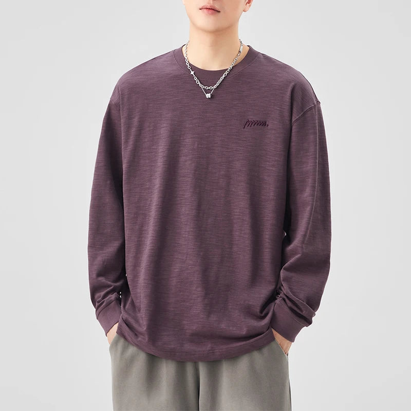 DUKEEN Heavyweight Slub Cotton Long Sleeve T-Shirt for Men Spring and Autumn Pure Cotton Crew-Neck Embroidered Tops Oversize