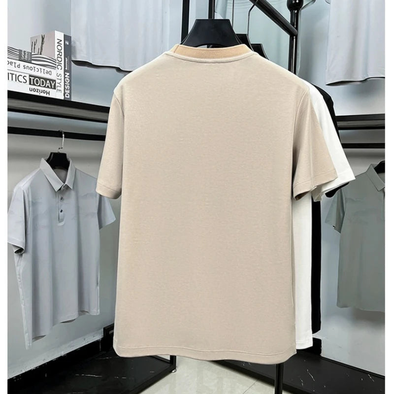 Men's 2026 Spring Summer Contrast Collar T-Shirt, Soft Cotton Blend, Round Neck Short Sleeve, Smart Casual Daily Wear
