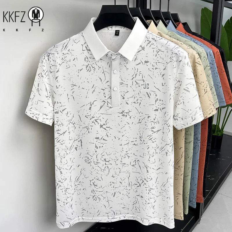 Business Casual Mens Splash Pattern Polo Short Sleeve Breath Mesh Short Vacation And Weekend Party Apparel