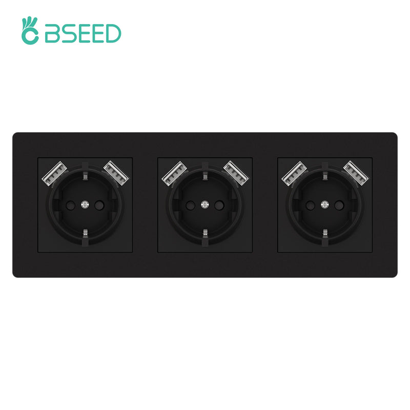 BSEED Single Wall Power Socket Double Type-C USB Phone Charge Port Triple Outlets Black Plastic Panel 16A 110V-240V