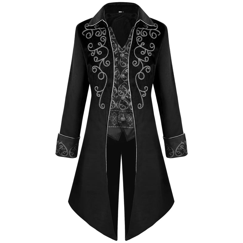 Red Embroidered Men's Long Jacket, Black Mock Two-piece Trench Coat, Purple Collared Vintage Tailcoat.