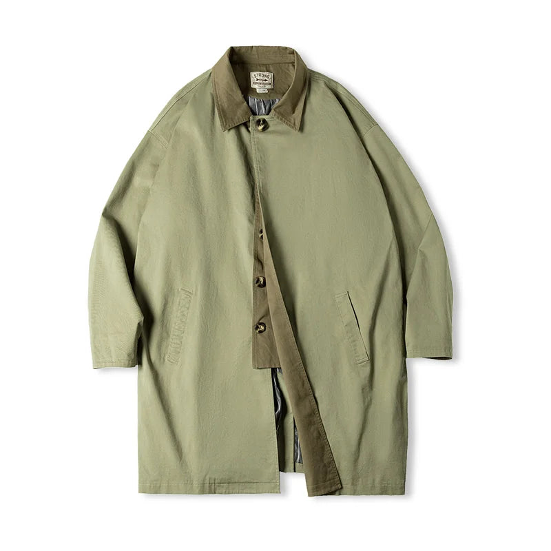 អាវធំ Maden Casual Balmacaan Trench Coat រាងរលុងពណ៌បៃតង Windbreaker Heavyweight Twill Vintage Long Jackets សម្រាប់រដូវស្លឹកឈើជ្រុះ និងរដូវរងារបស់បុរស