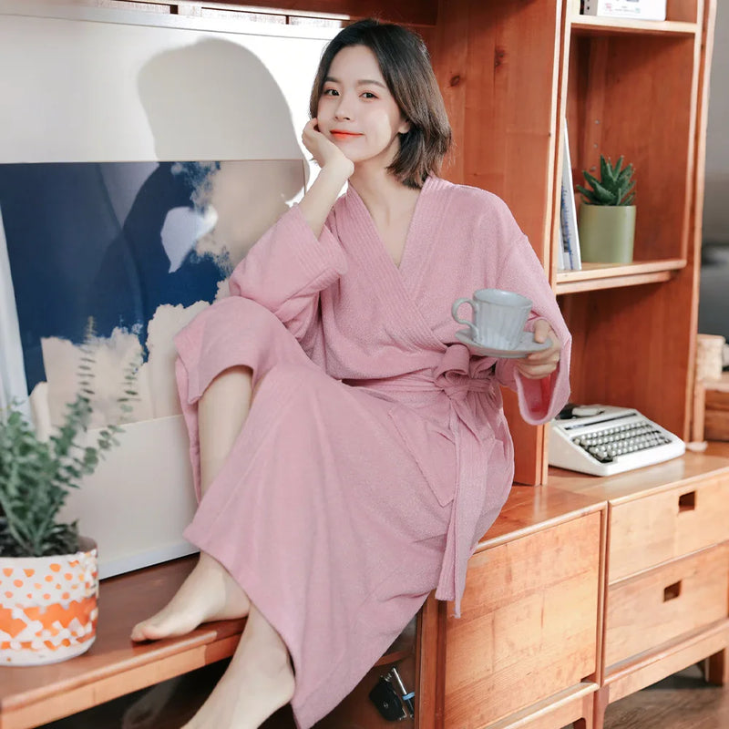 New Arrival Long Sleeve Men Women Bathrobe 2026 Spring Autumn V-Neck Couple Robes Lounge Wear Sleepwear Pure Color Loungewear