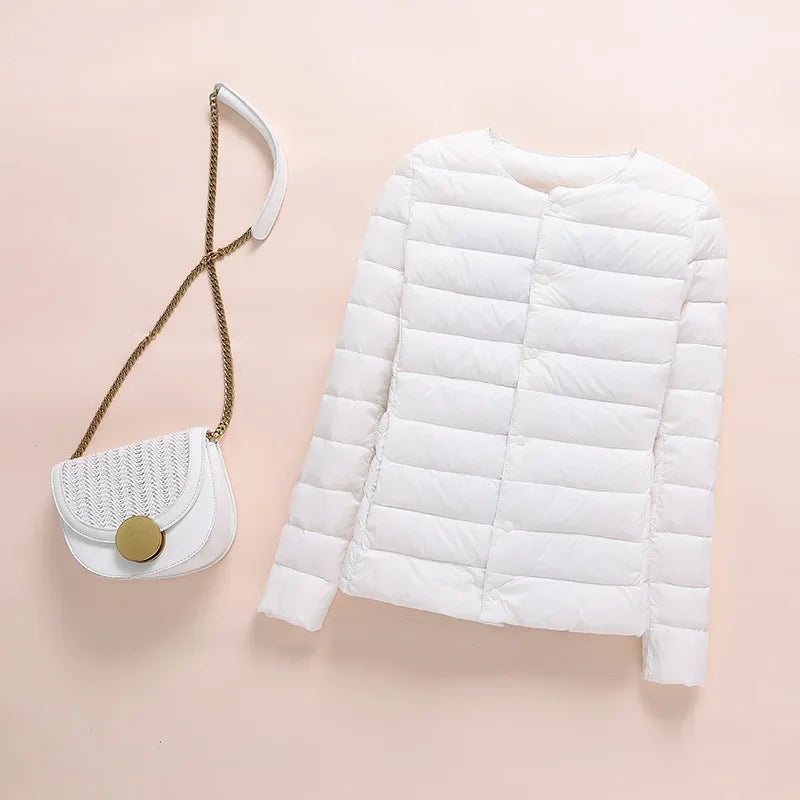 Winter Red Light/Thin Women's Round Neck Long Sleeve Jacket, White Blue Gray Khaki Available, Asian Size S-3XL Female Coat