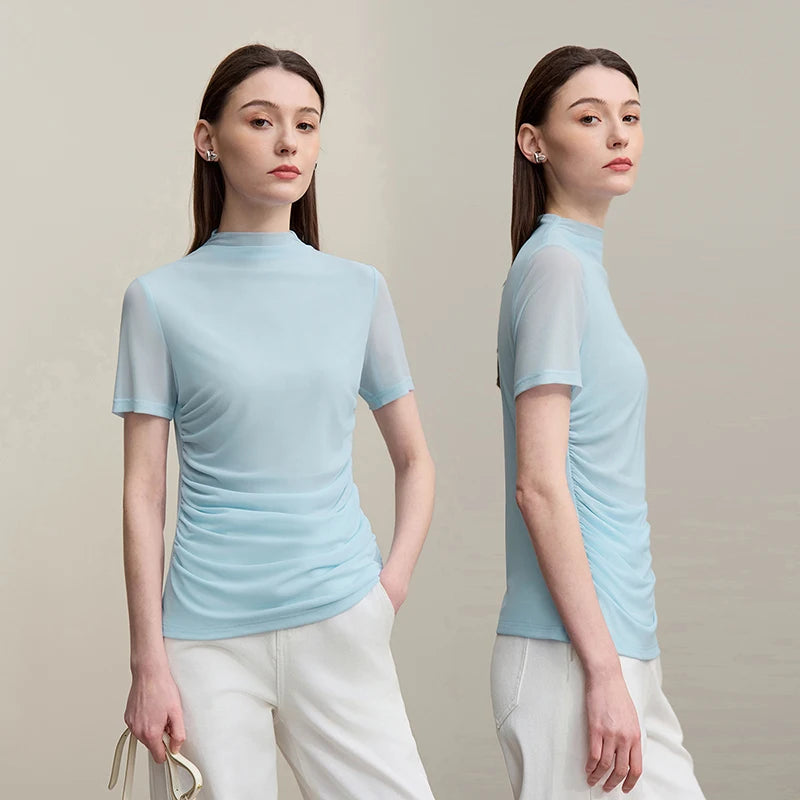 Amii Women's T-Shirt 2026 Summer New Shirred Short Sleeve Women's Tee Shirt Mock Neck Mesh Slim Stretch Lightweight Top 12612027