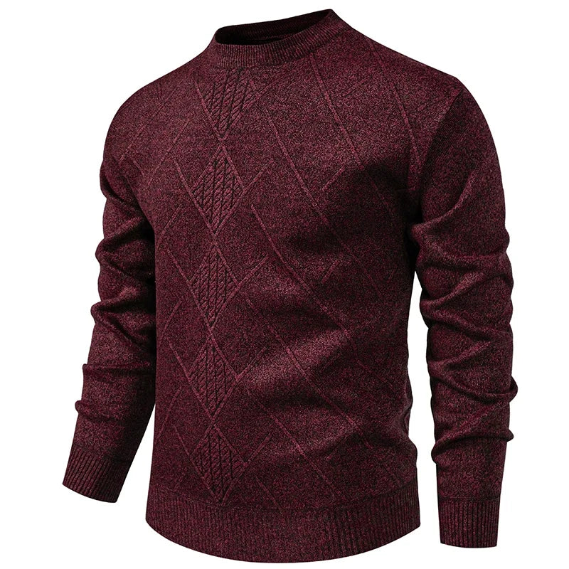 Semi Formal Male Winter Sweater Thick Fleece Lining Geometric Diamond Woven Pattern Crew Neck Long Sleeve Top