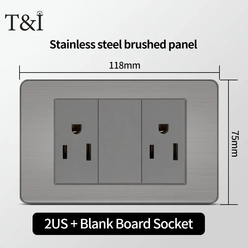 T&I 118 Premium Stainless Steel Brushed Wall Socket with USB Type - C, US Switch, Thai Plug for Home & Office Use