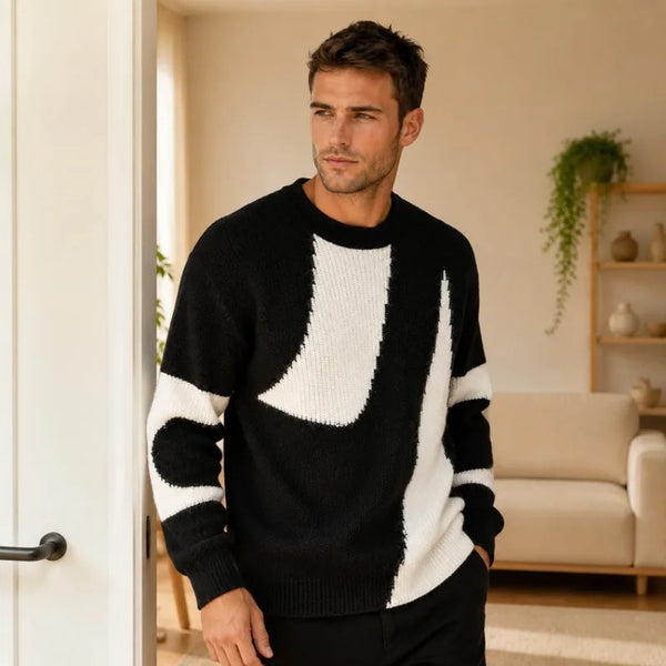 Men's Color Block Striped Sweater Crew Neck Loose Fit Knitted Pullover with Wool Autumn Winter Casual Streetwear