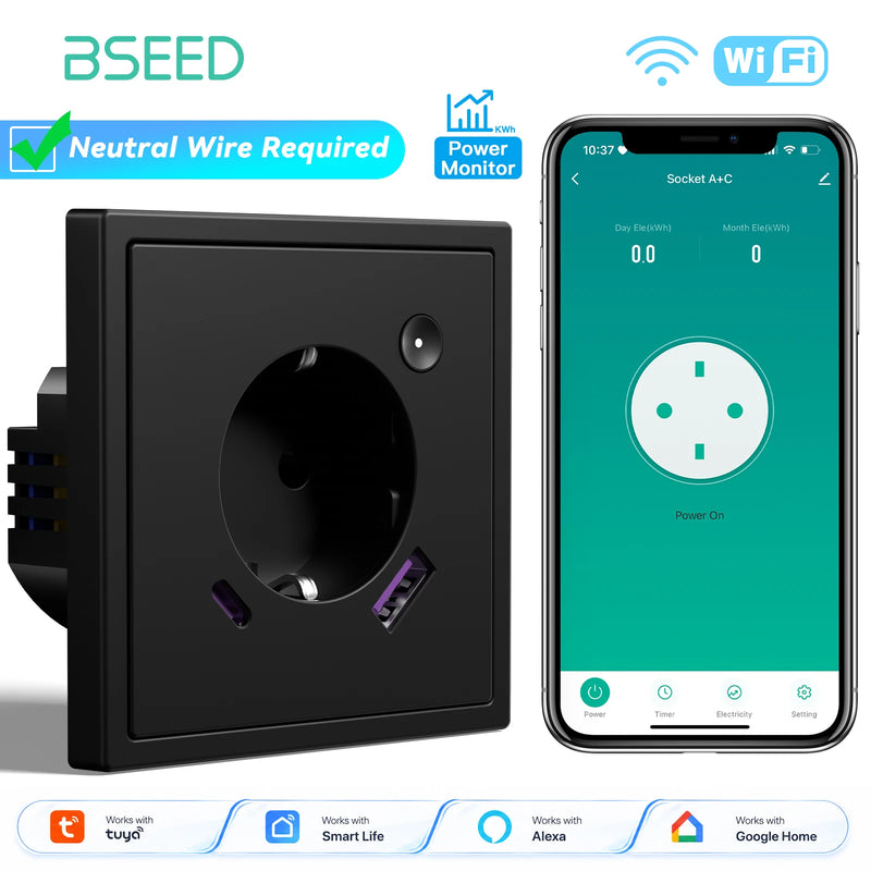 BSEED E Series WIFI Wall Socket Smart Power Monitor Socket 20W USB Type-C Charge Port Plastic Frame Tuya Smart Life Control