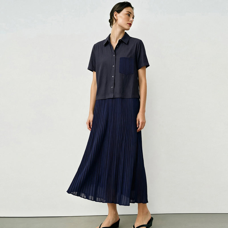 Amii Women's Dress 2026 Summer New Lapel Collar Half Placket Casual Short Sleeve Patchwork Shirred Midi Dress for Women 12652064