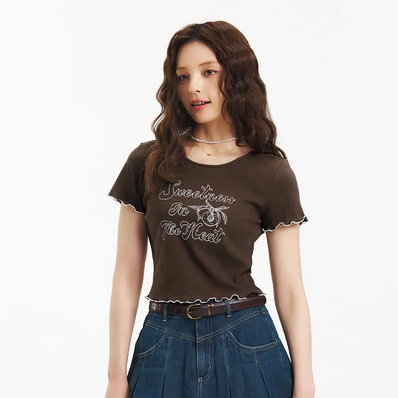 Semir Cut-Out Detail Short Sleeve T-Shirt Women Playful Lace Trim 2025 Summer New Floral Print Top
