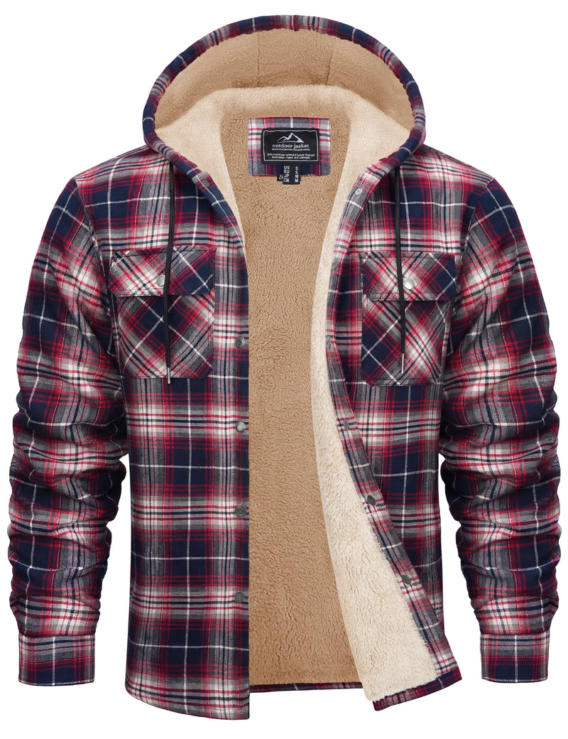 TACVASEN Mens Sherpa Lined Flannel Hoodies Jacket Heavyweight Hooded Fleece Thicken Warm Button Down Plaid Jacket Outwear Coats