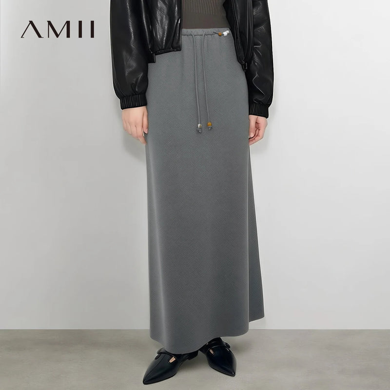 Amii Long Skirt 2026 Autumn New Drawstring Waist Casual Knit Women's Skirt Stretch Loose Daily Wear Flowy Woman Clothes 12643010