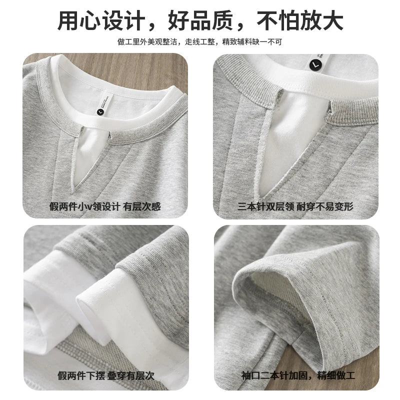 DUKEEN Men's 2-In-1 Pullover Sweatshirt 2025 Spring and Autumn New Fashion Loose Crew-Neck Long Sleeve T Shirts for Men