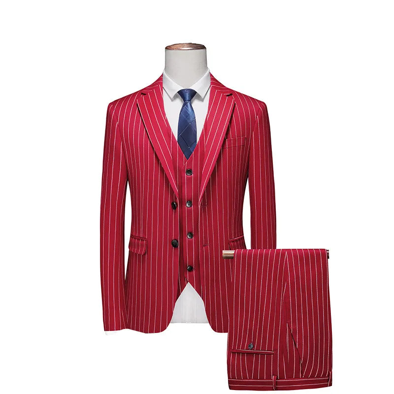 Men's Black-White Striped Plaid Suit 3-Piece, Wedding Party Dress Jacket and Vest with Trousers, Asian Sizes Red Slim Fit Sets.