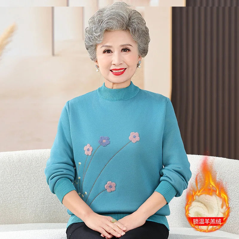 Thick Velvet Women's Bottoming Top Autumn Winter New Grandma Half Turtleneck Knit Sweater Middle Aged Mother Pullover Shirt