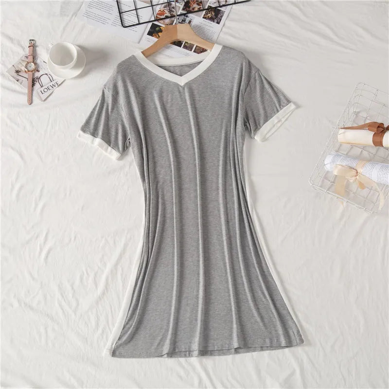 INS Short Sleeved Nightgowns For Women Summer Nightshirt Modal Knee Length Dress Loose V-Neck Casual Home Wear Nightdress