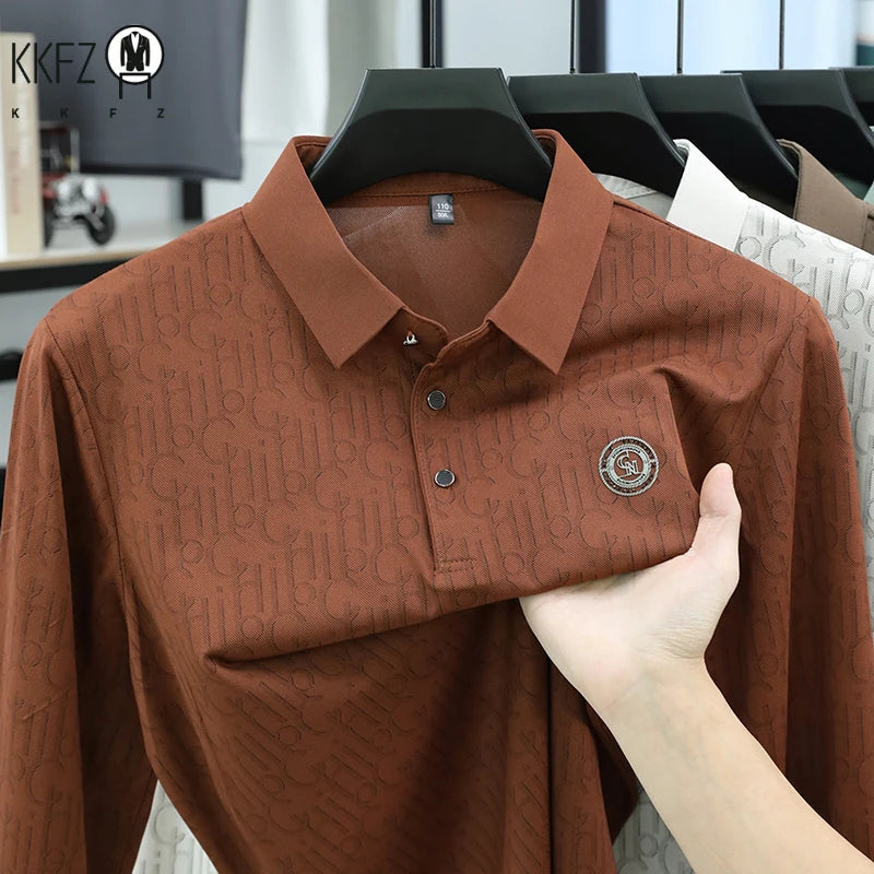 Mens Mesh Fabric Polo Shirt Short Sleeve Turn Down Collar Allover Letter Print Chest Embroidery Relax Fit Office Top