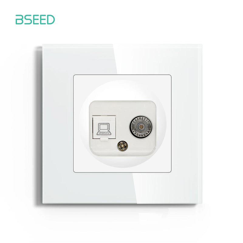 BSEED EU Standrad Wall Power Socket TV Plug RJ45 Internet Socket Satellite Outlet Glass Panel TV Telephone Computer