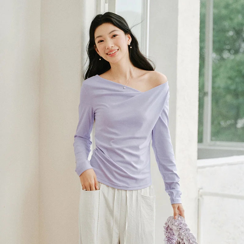 Semir Slim Fit Tshirt Women 2026 Spring Short Asymmetric Neck Oblique Shoulder Solid Color Casual Fashion Stylish Top