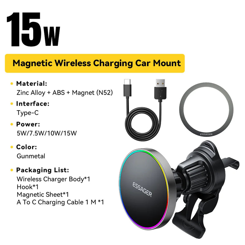 Essager RGB Magnetic Car Phone Holder Qi 15W Wireless Charger For IPhone17 16 15 14 Pro for Magsafe Universal Phone Holder Stand