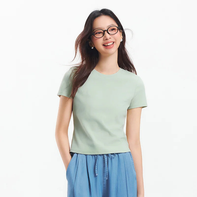 Semir Embroidered Tshirt Women 2026 Summer Short Cool Touch Slim Fit Crew Neck Regular Shoulder Casual Basic Fashion Top