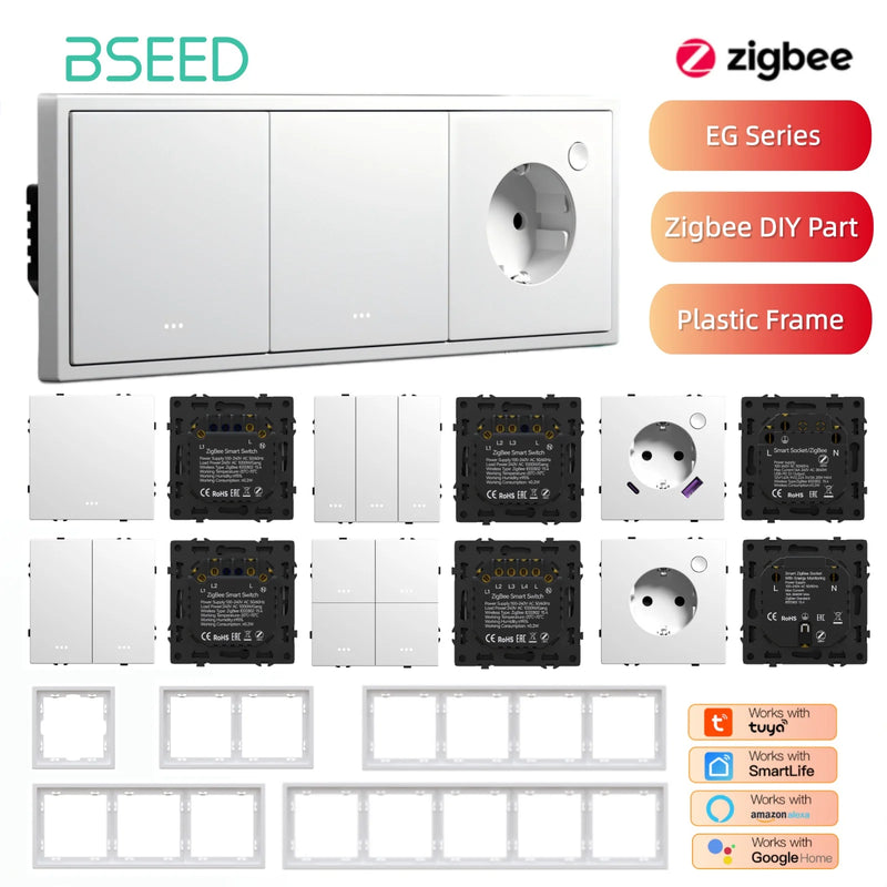 BSEED E Series 1/2/3/4Gang Zigbee Button Light Switch Module Plastic Frame Smart Socket DIY Part Tuya Smart Life Control