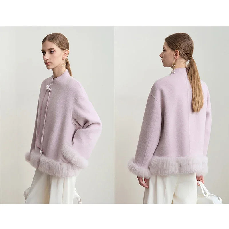 Amii Women's Coat 2026 Winter New Chinese Style Warm Woolen Jacket Woman Stand-up Collar Solid Wool Long Sleeves Coats 12444083