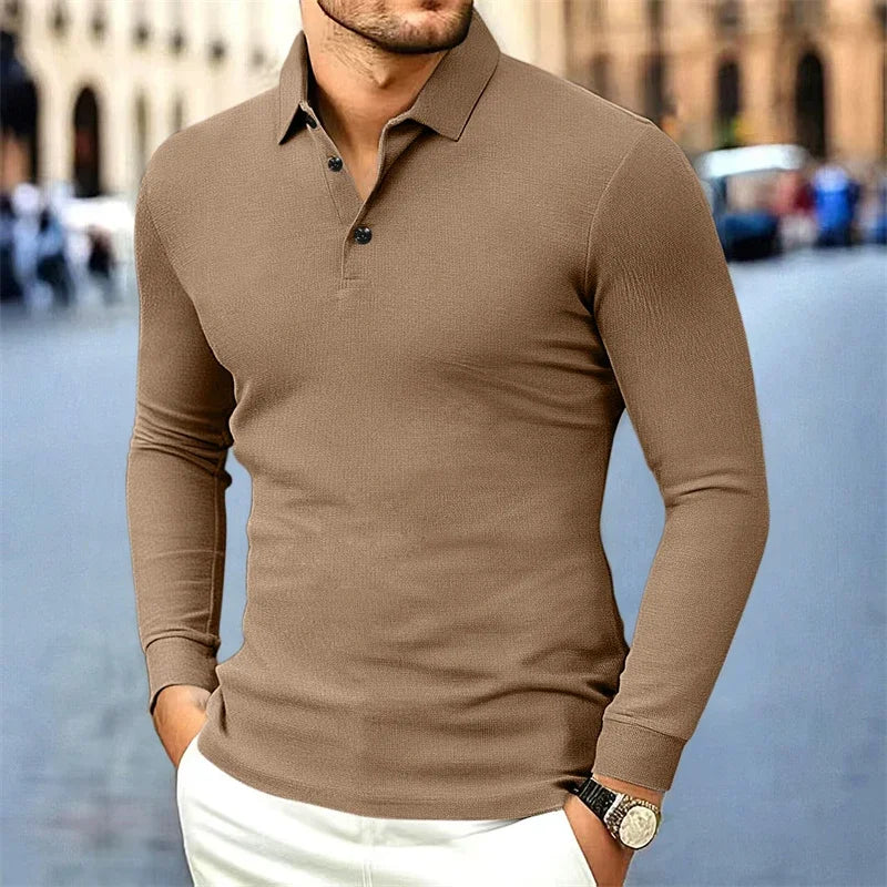 Men's Business Casual Long Sleeved Shirt Solid Color Fashionable Breathable Comfortable Versatile Polo Top