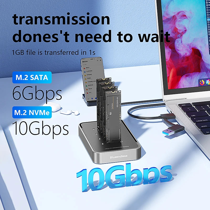 ស្ថានីយ ចត SSD ទំហំ 4 ច្រក Blueendless ប្រភេទ C USB3.1 10Gbps M2 NVMe PCIe SATA NGFF ស្រោម SSD អាលុយមីញ៉ូម