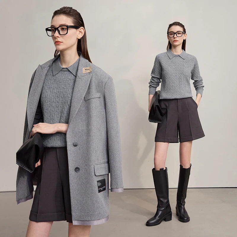 AMI Women's Sweater 2026 Autumn New Retro Solid Color Elegant Sweaters Ladies Versatile Long Sleeves Tops for Ladies 12543205