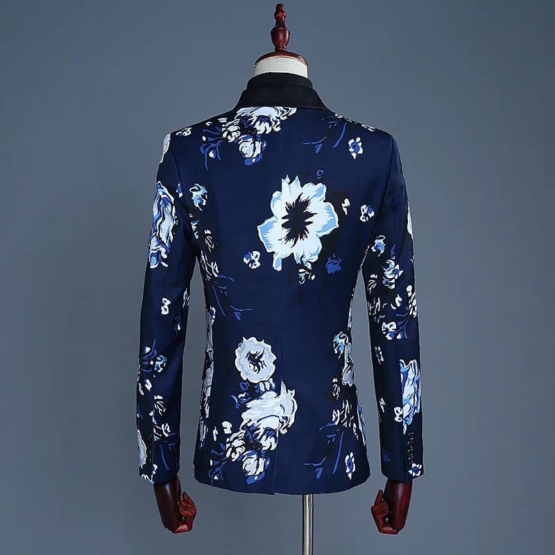 Men's Blue Printed Two-Piece Set, White Slim Fit Dress Jacket and Pants, Single Button Black Blazer Coat with Trouser.New 2026