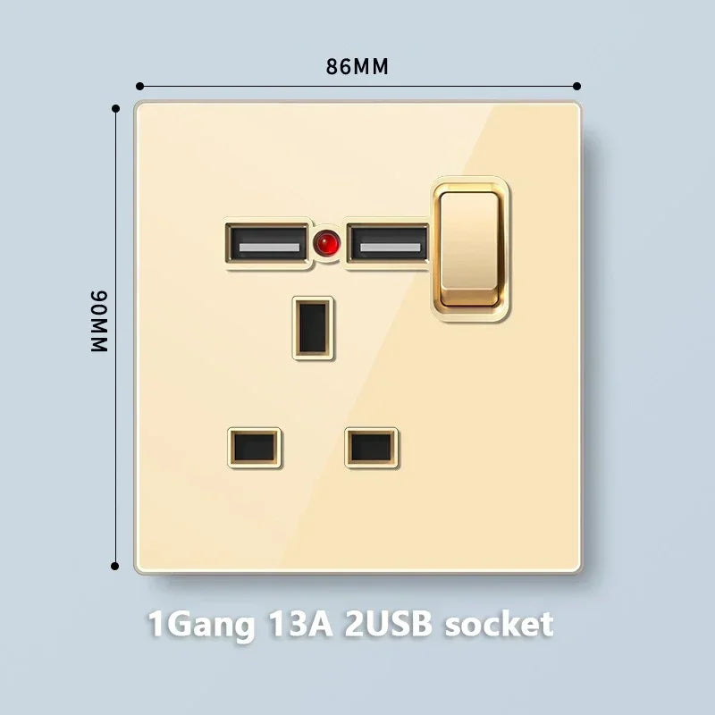 Deluxe Gold Tempered Glass Universal Dual power outlet,UK 13A Wall plug socket with 20W Fast charge,Home Electrical Light Switch