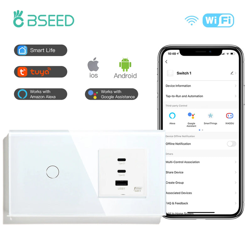 BSEED Wifi Light Switches Smart Wall Touch Switch 1/2/3/4Gang 2Way With 65W Fast Charge Socket Support Tuya Smart Life Control