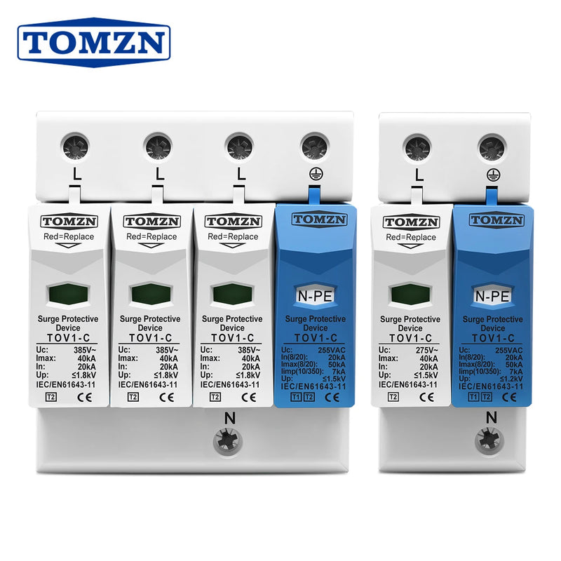 TOMZN AC SPD Din Rail 1P+NPE 3P+NPE 50KA T1 T2 385V 255V House Hold Surge Protector Protective Low-voltage Arrester Device