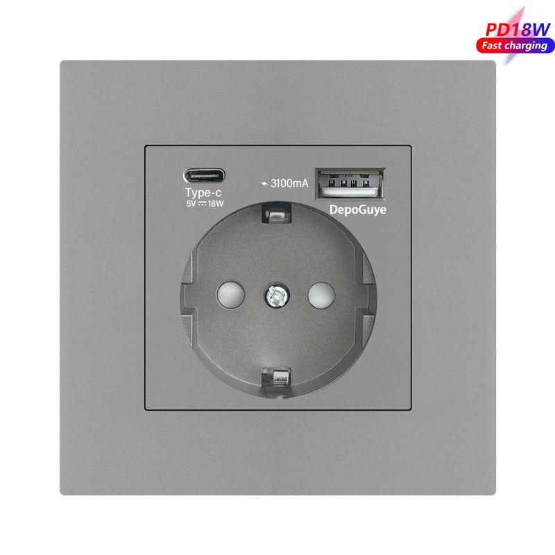 EU Standard Double USB Wall Power Socket,Electrical Socket Wall Plug with Type-c Usb Fast Charing Port 16A PC Panel Outlet 220V