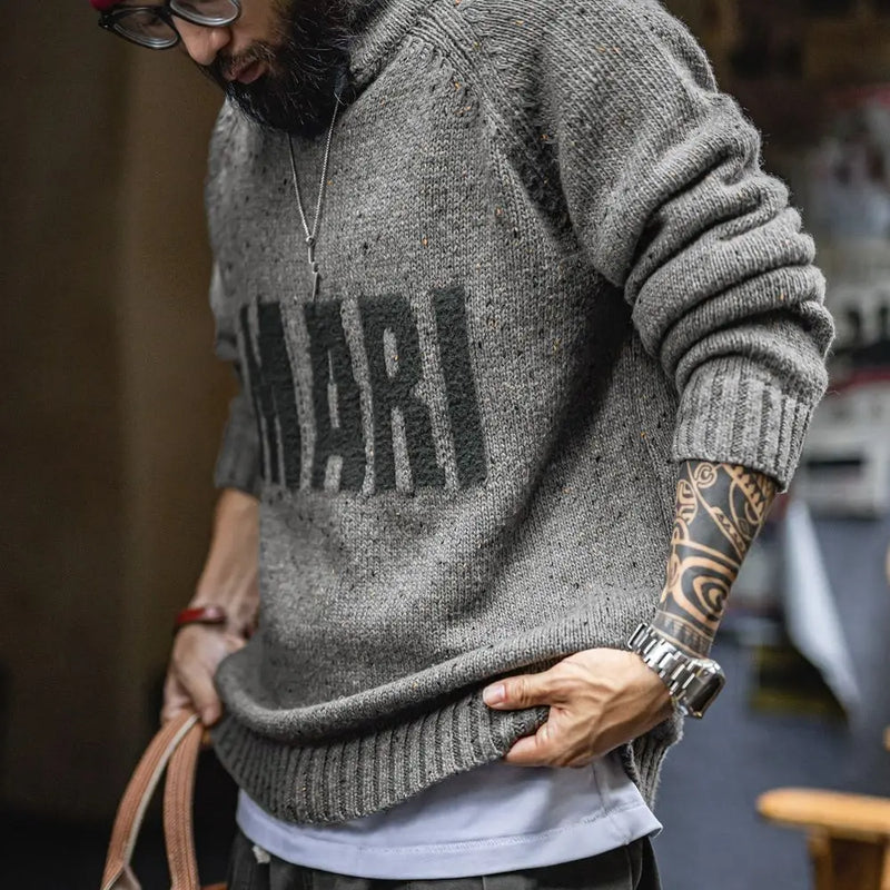 Maden Vintage Men's Gray Letter Jacquard Sweater V-Neck Draped Pullover Thermal Heathered Effect Knitwear for Autumn Winter
