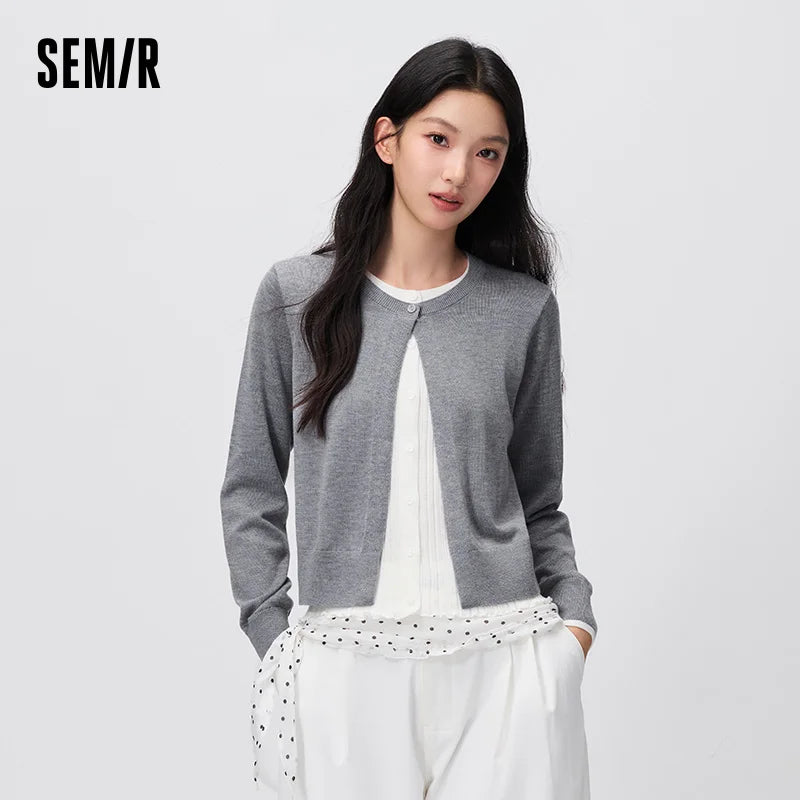 Semir Women Cardigan Short Contrast Patchwork Faux Two Piece Ruffle Trim Soft Casual Autumn Knitwear Daily Wear 2026