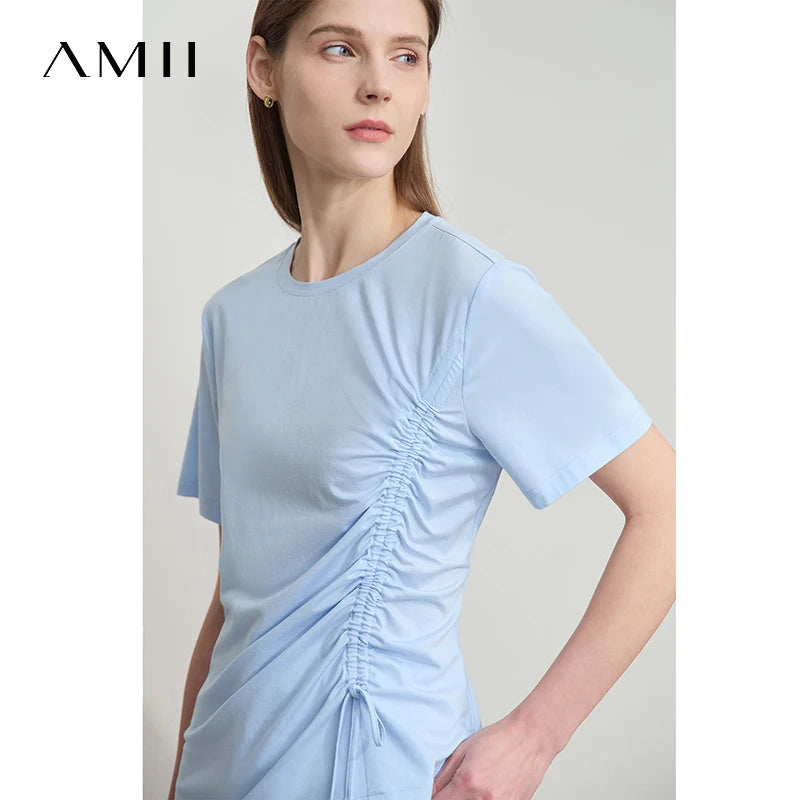 អាវយឺតរដូវក្តៅធម្មតា AMII សម្រាប់ស្ត្រីឆ្នាំ ២០២៥ ដៃខ្លីកមូលត្រង់កំពូលស្ត្រីម៉ូដអាវខ្សែចងស្ត្រី ១២៥២២០៦៥
