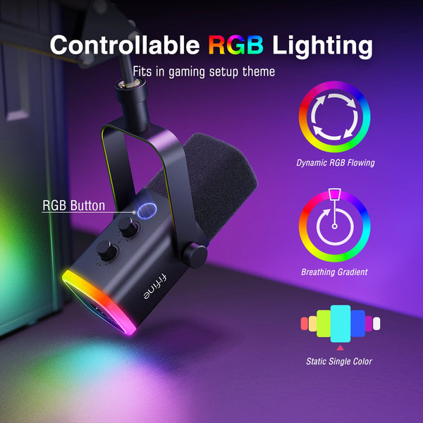 ឈុតមីក្រូហ្វូនលេងហ្គេម FIFINE XLR/USB ជាមួយរន្ធដោតកាស/បិទសំឡេង/RGB/ជើងទ្រដៃ, ឈុតមីក្រូហ្វូនឌីណាមិកសម្រាប់កុំព្យូទ័រ PS5/4 Mixer AmpliGame AM8T