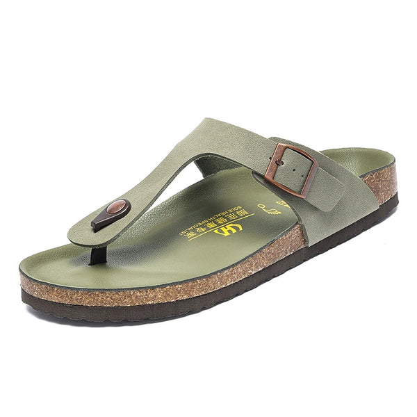 Men's Adjustable Buckle Cork Footbed Flip Flops Casual Open‑Toe Thong Sandals Non‑Slip Flat Slide Slippers for Outdoor Daily