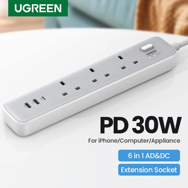 ឆ្នាំងសាក UGREEN 30W Desktop Charger Power Strip UK Plug Outlet Extension Adapter សម្រាប់ iPhone 17 16 Pro Max Xiaomi Wall Fast Charger AD DC