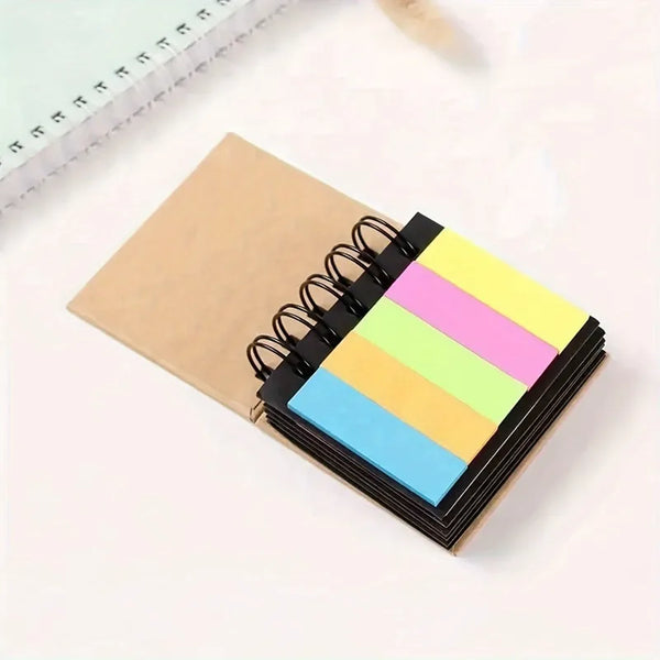 250 Sheets Portable Combination Sticky Notes Set - 5 Different Colors,Spiral Notebook, Self-Adhesive Notes, Brown Cover.