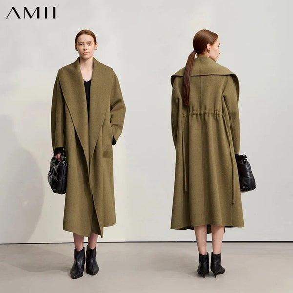 AMII Wool Coat Women 2026 Winter New Cashmere Double-sided Women's Jacket With Belt Lapel Solid Color Loose Long Coat 12544098