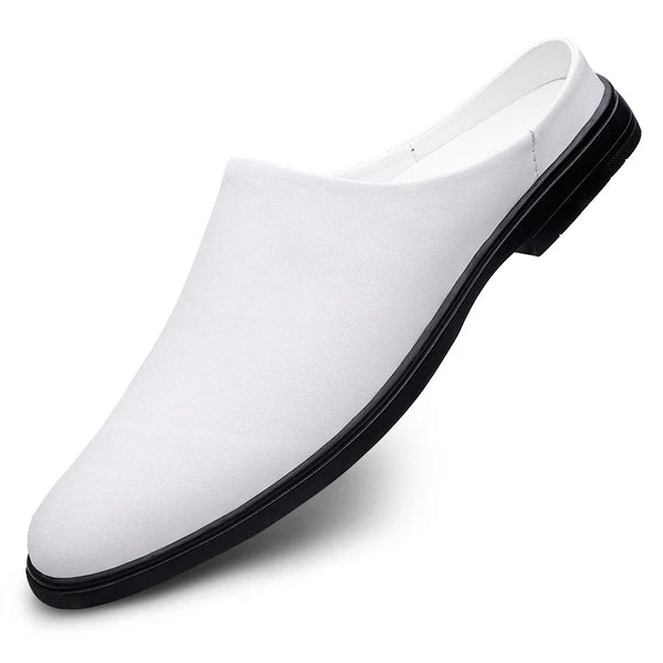 Summer Fashion Half Shoes Men Casual Comfortable Leather Shoes Half Slippers Solid White Slip On